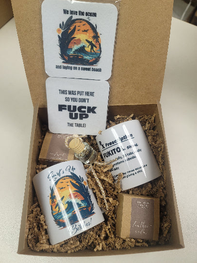 Gift set with mugs, coasters, and 2 car diffuser air fresheners in a gift box.